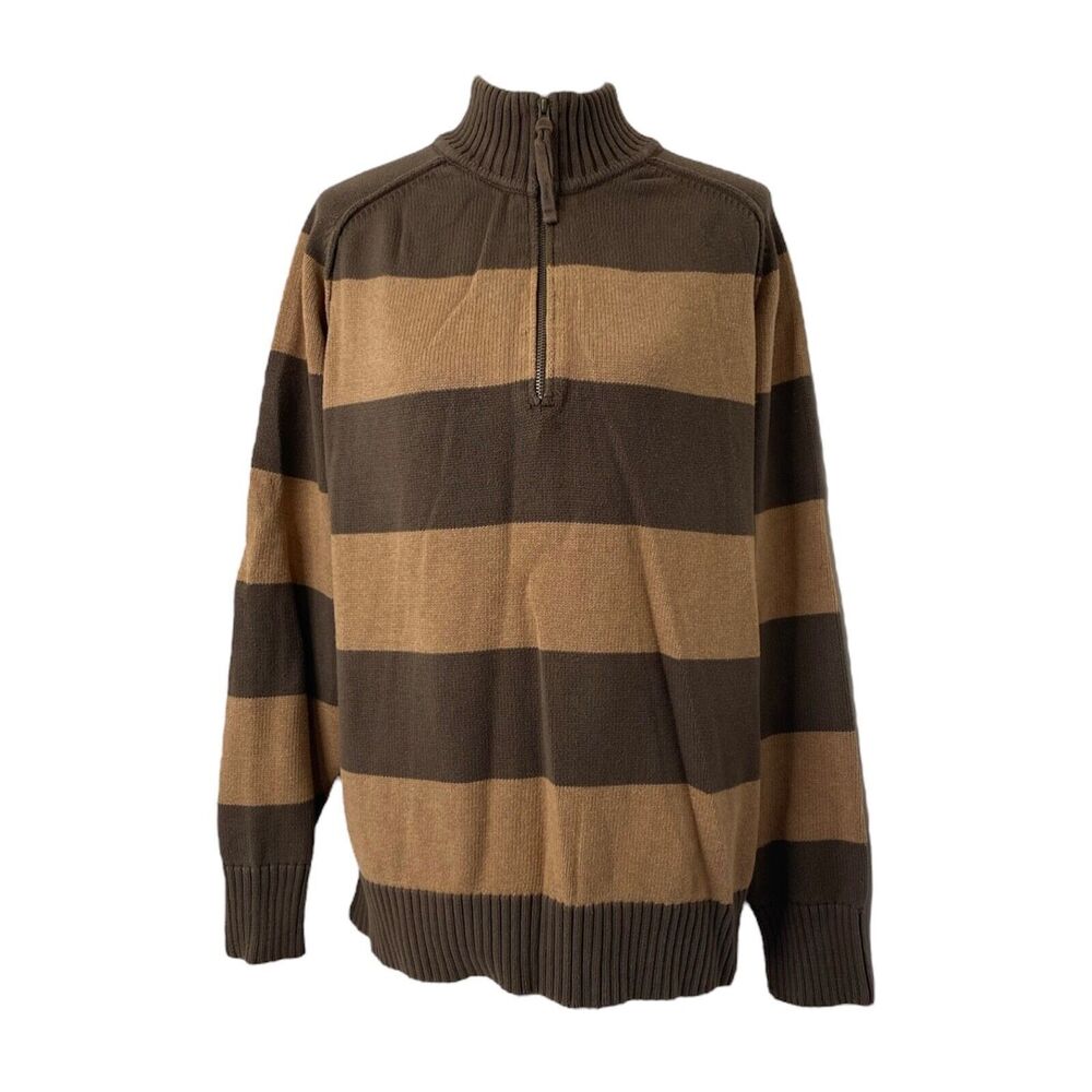 Mens Sweater Brown and Tan Striped Quarter Zip Unbranded Size Medium